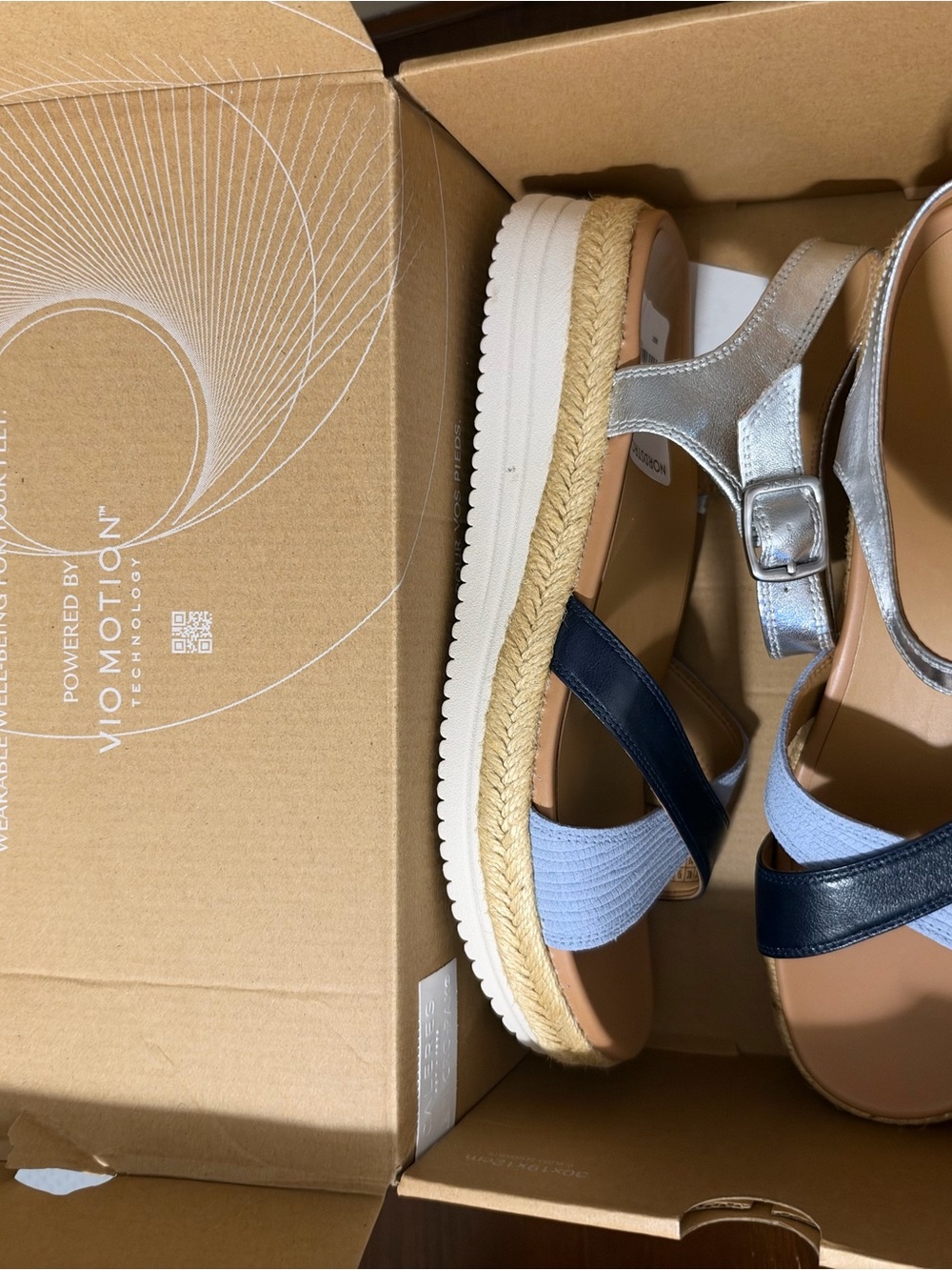 Vionic Silver, Navy and Light Blue Espadrille Platform Sandals